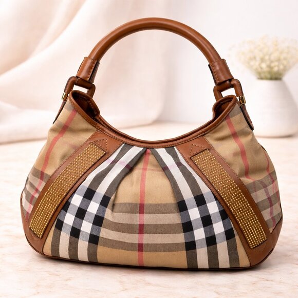 Authentic Burberry Nova Check Studded Hobo BagBeige Plaid Canvas Shoulder Bag